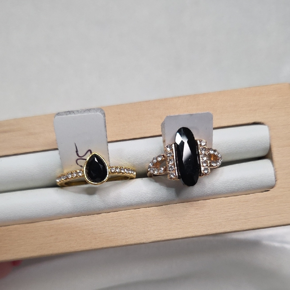Women's Lot of 2 Fashion Rings Gold Tone Black Crystals Rhinestone Plated Rings